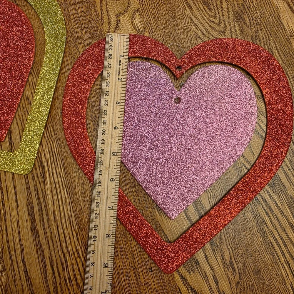 Vintage 90s 2 Glitter Hanging Hearts Valentines Day Decor Red Gold Pink‎ 10x11in